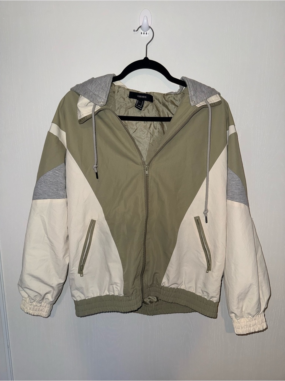 Forever 21 Olive Green, Cream & Gray Colorblock Hooded Jacket